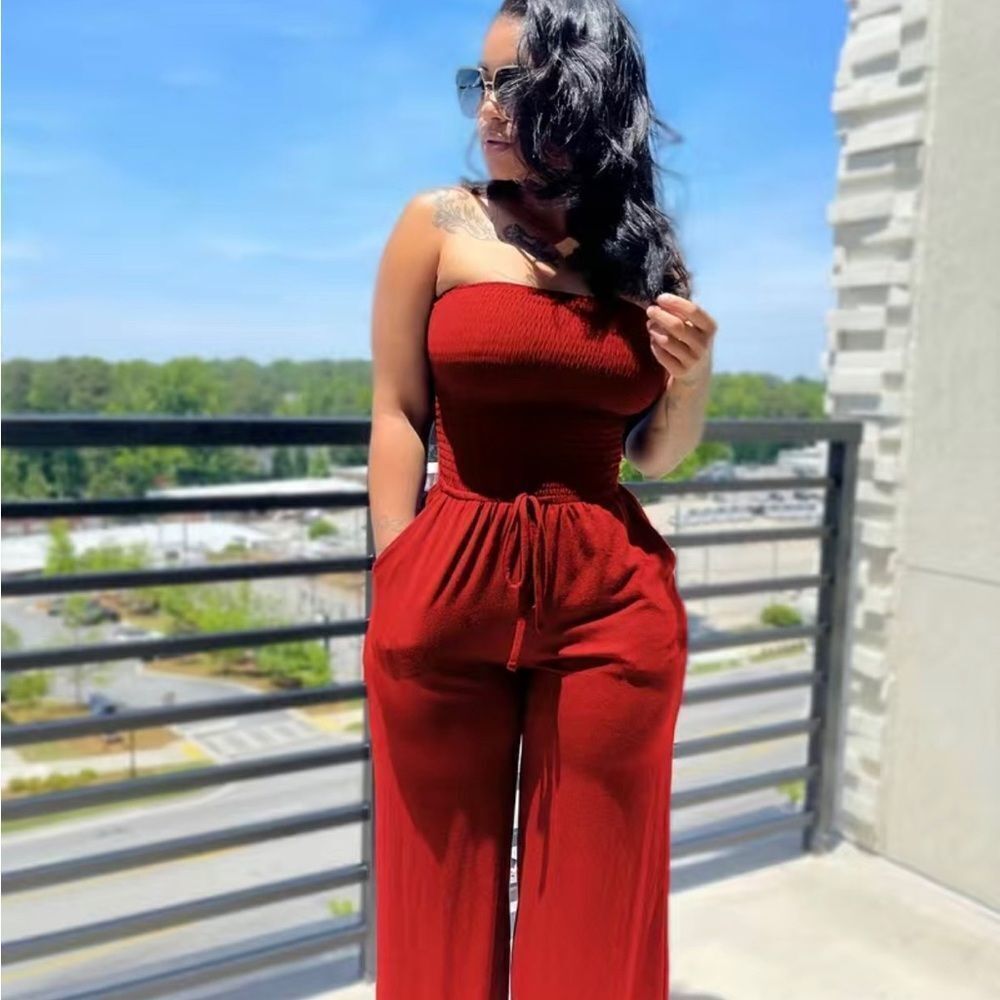 Drawstring Shirred Tube Jumpsuit, Casual Off Shoulder Wide Leg Jumpsuit, Women's - Picture 2 of 6